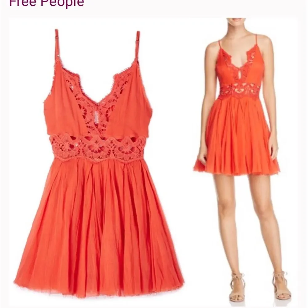 FREE PEOPLE Red-Orange Ilektra Mini Dress Cotton